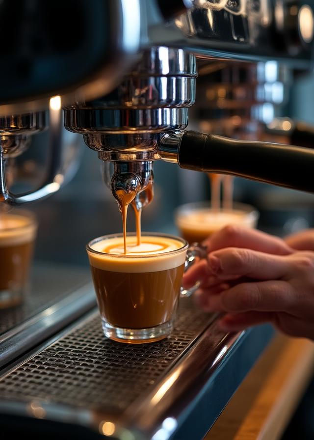 Barista pulling a perfect espresso shot in a London cafe