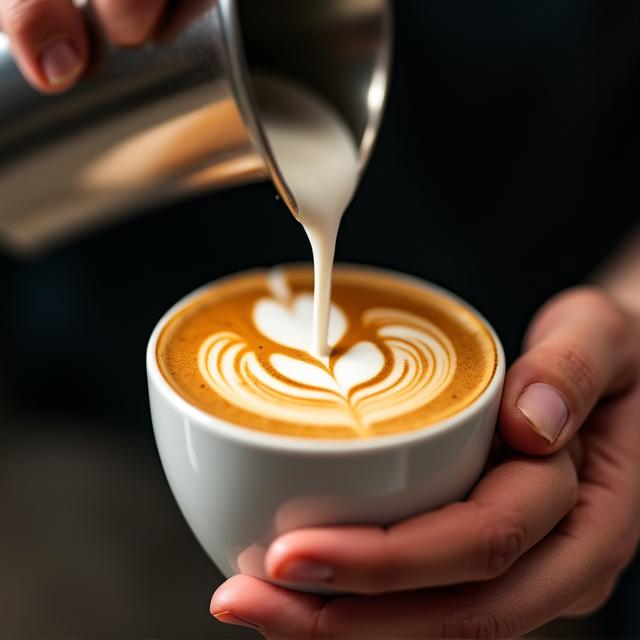 Close up of a barista performing precise latte art in a professional environment