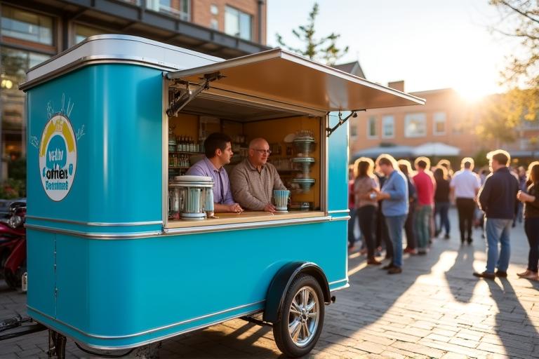 Outdoor coffee cart with brand signage