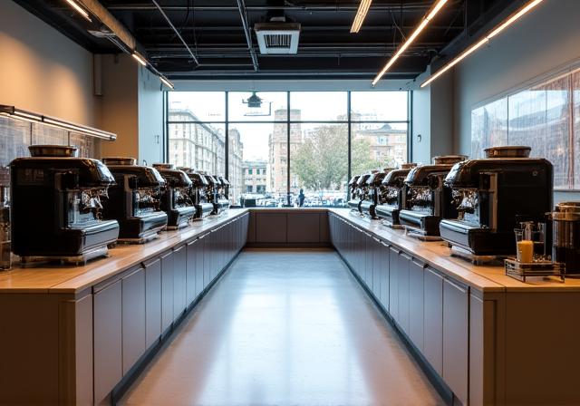 The interior of a modern, neomorphic coffee training facility in London